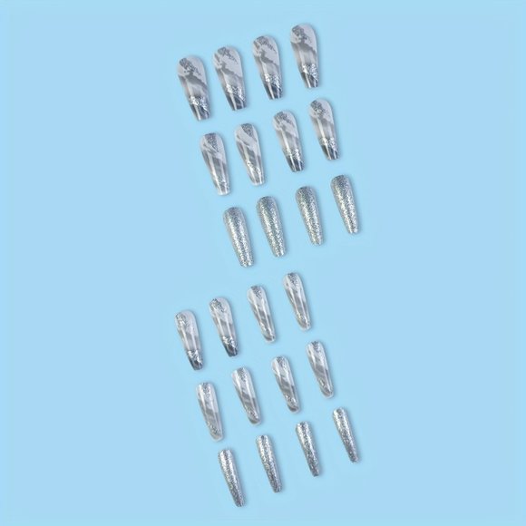 24 Pcs Long Ballerina Marble White And Gray Press On Reusable Nails - Picture 6 of 9